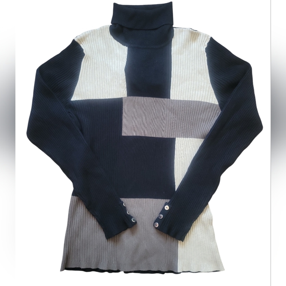 Style & Co Colorblock Turtleneck Sweater - Black, Cream, and Brown - Picture 2 of 11